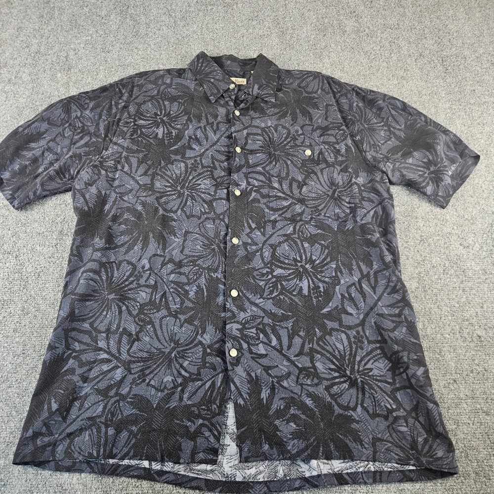 Hollis River Mens Medium Tropical Floral‎ Hibiscus Rayon Button Down Shirt Navy